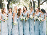 Mermaid Lace Baby Blue V Neck Bridesmaid Dresses for Wedding STI15653