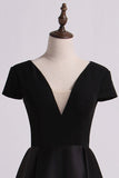 2024 Open Back V-Neck Short Sleeve A-Line Satin Evening Dress Black Bodice P2KGBHTC