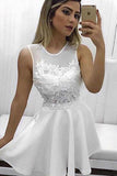 Cute A Line Round Neck Lace Appliques White Chiffon Short Homecoming Dresses