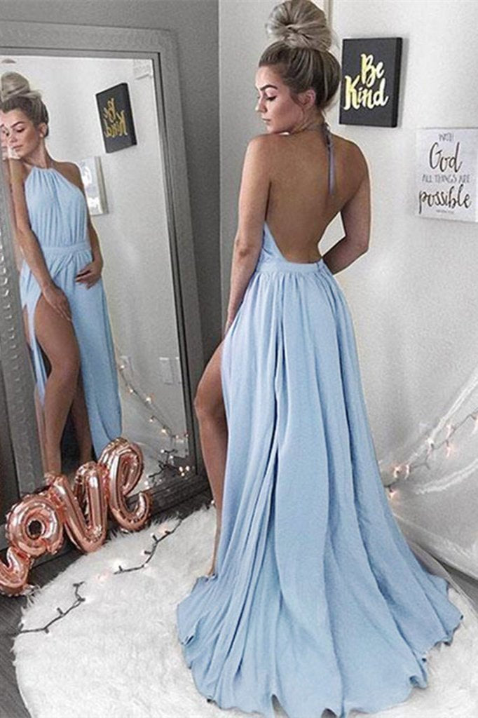 Sexy A-Line Halter Neck Backless Sleeveless Blue with Slit Chiffon Prom Dresses