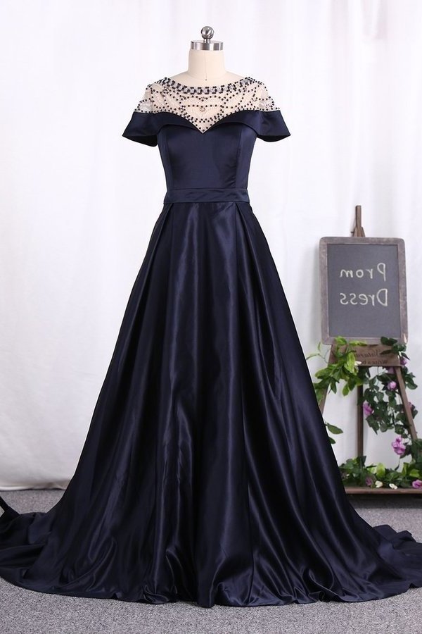 2022 A Line Prom Dresses Scoop Short Sleeves Satin PDJG7RQY
