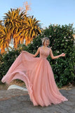 Elegant A Line Tulle Pink V Neck Beads Prom Dresses, Long Evening STI20477