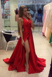 2024 Red V Neck Evening Dresses A Line Sweep Train With Slit PCP71C3T