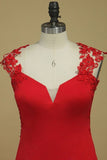 2024 Red Straps Open Back Sheath Prom Dresses Spandex With Applique PHTTDMDS