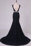 2024 Lace Prom Dresses V Neck Mermaid With Beading Court Train Open PYEST3HE