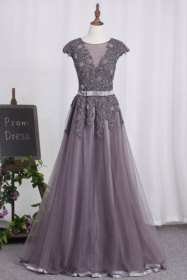 2024 Scoop Tulle Prom Dresses With Applique PHFRHR87