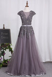 2024 Scoop Tulle Prom Dresses With Applique PHFRHR87