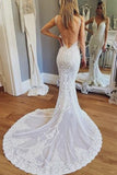 Luxurious Mermaid Lace Ivory V Neck Wedding Dresses, Backless Straps Wedding Dresses STI15522