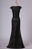 2024 Black Off The Shoulder Sheath Prom Dresses Lace&Tulle Floor Length With Applique & PACTT1CJ