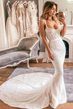 Sexy Mermaid Spaghetti Straps Lace Sweetheart Wedding Dresses, Bridal Dresses STI15530