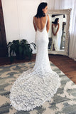 V-Neck Open Back Sheath Ivory Lace Long Wedding Dresses P8T866M9