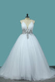2024 A Line Spaghetti Straps Wedding Dresses Tulle With Beads PBFGXH5D