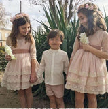 A Line Half Sleeves Pink Round Neck Flower Girl Dresses with Appliques, Baby Dresses STI15546