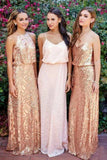 Cheap Pink Lace Sparkly Sequin Gold Mismatched Bridesmaid Dresses, Long Prom Dresses STI15129