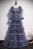 Elegant A Line Long Sleeve Tulle Round Neck Long Prom Dresses Lace up Evening Dresses STI15146