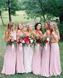 Dusty Pink Chiffon Sheath Off Shoulder Long Bridesmaid Dresses, Wedding Party Dresses STI15141