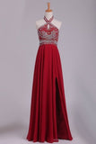 2024 Halter Prom Dresses Beaded Bodice A Line Chiffon With PLZHM3NR