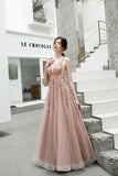 A Line V Neck Pink Beads Straps Prom Dresses Lace up, Long Dance STI15615