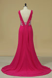 2024 Fuchsia Straps Prom Dresses Beaded Waistband Mermaid Sweep Train PQK34SXL