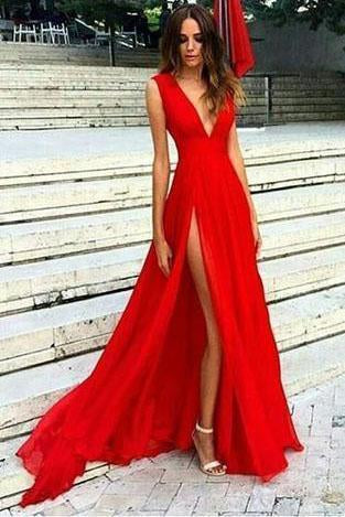 Sexy Slit Evening Dress V-neckline Red Split Slit Sexy Red Formal Dress Prom Dresses