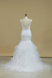 2024 V Neck Mermaid Wedding Dresses Tulle With Applique And Ruffles PCA7QTEL
