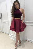 Burgundy Two Pieces Halter Satin Short Prom Dress with Pockets Homecoming Dresses