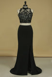 2024 High Neck Two-Piece Spandex Sheath With Beads And Applique Open Back Prom PPKPQ1L9