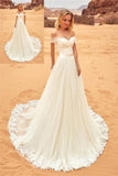 Off The Shoulder Long Elegant Ivory Lace Tulle Wedding Dresses Beach PEPB9Y73