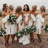 Simple Off the Shoulder White Short Bodycon Bridesmaid Dresses, Prom STI20487