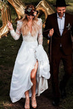 Simple Long Sleeve V Neck Chiffon Wedding Dresses, Lace V Back Beach Bridal Dresses STI15393