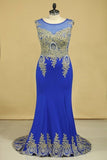 2024 Dark Royal Blue Prom Dresses Scoop Mermaid With Applique Spandex Sweep Train Size P9KFC3F1