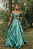 Simple A Line Two Pieces V Neck Satin Green Prom Dresses, Cheap Formal Dress STI15598