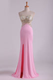 2024 Hot Sexy Prom Dresses Sheath With Slit And Applique Sweep Train P1H9638H