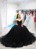 Sweetheart Tulle Ball Gown Black Formal Prom Dresses, Sleeveless Lace up Evening Dresses STI15442
