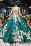 Ball Gown Long Sleeve Satin Beads Prom Dresses, Quinceanera Dresses with Appliques STI15059