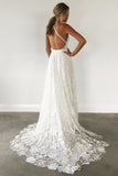 Spaghetti Straps Ivory Lace Open Back Long Wedding Dresses Elegant Beach PA61QQ15