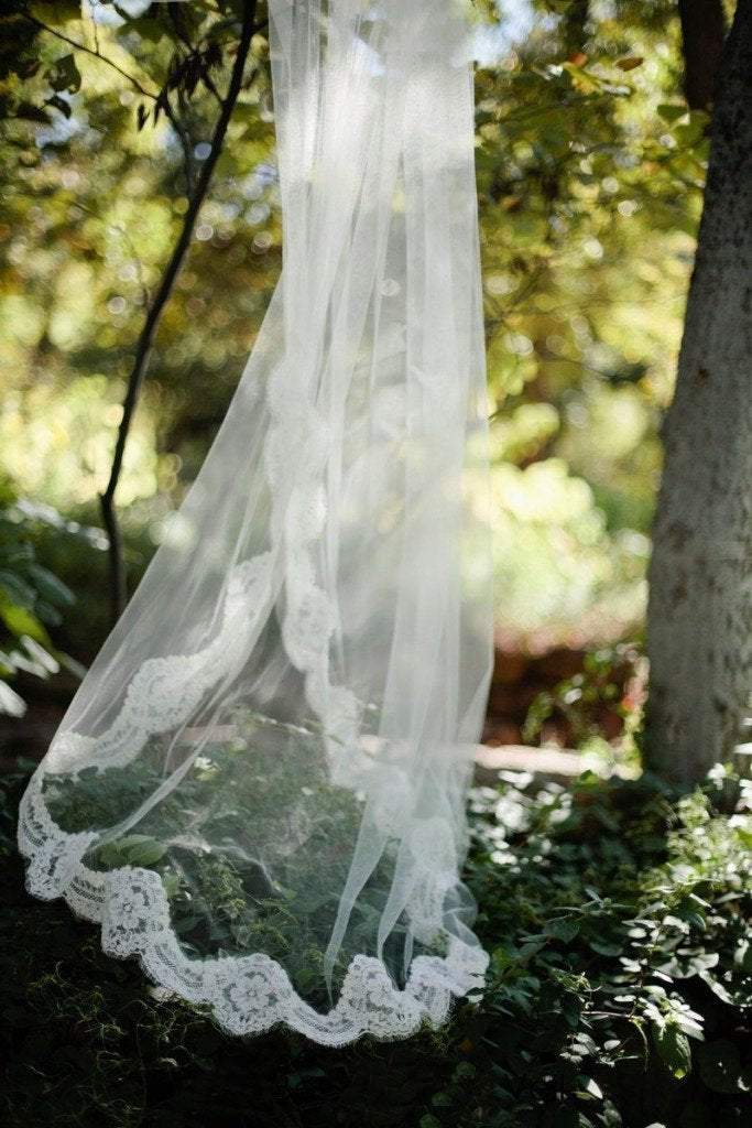 Alencon Lace Edged Cathedral Length Tulle Bridal Veil Wedding Wedding Veil