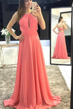 Charming Scoop A-Line Long Watermelon Chiffon Backless Sleeveless Prom Dresses