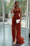 Tulle Sweetheart Long Formal Evening Dresses With Slit Tiered Prom Dresses