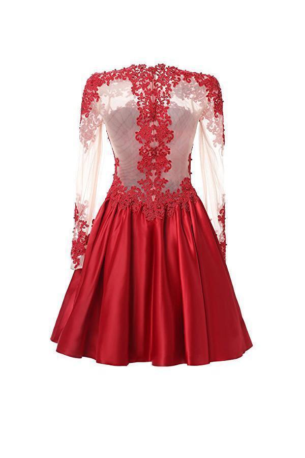 A Line Long Sleeves With Applique Knee-Length High Neck Homecoming Dresses