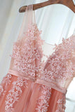 Charming Appliques Tulle V-Neck Beads Sleeveless Scoop Pearl Pink Prom Dresses