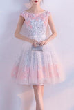 A line Short Appliques Tulle Lace Round neck Knee length Pink Homecoming Dress
