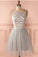 Cheap Sleeve Silver Halter Short A-line Princess Pleated Backless Homecoming Dresses