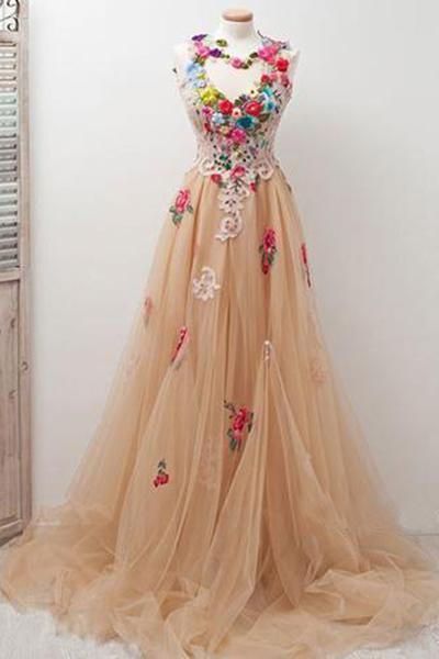 A-Line High Neck Round Neck Tulle Applique Open Back Long with Flowers Prom Dresses