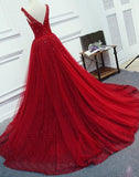 Luxurious A-Line Round Neck Red Long Prom Dress with