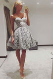 Cute A Line Sweetheart Strapless Open Back Grey Lace Short Homecoming Dresses