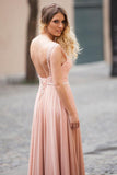 Blush Pink Lace Chiffon Sleeveless Illusion Backless Elegant A-Line Long Prom Dresses
