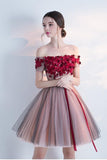 A Line Red Off the Shoulder Above Knee Short Sleeve Flowers Homecoming Dresses