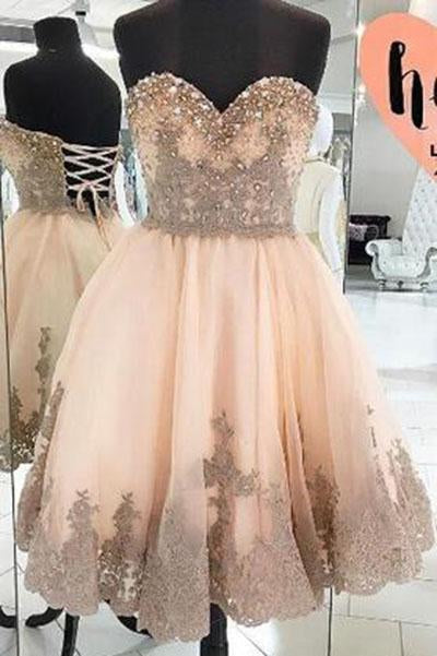 Cheap Homecoming Dress With Appliques Strapless Tulle Sweetheart Party Dresses