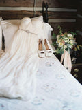 Elegant Off-shoulder Beading Sash Backless White Long Chiffon Wedding Dresses